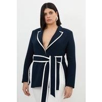 Plus Size Compact Stretch Tailored Belted Tipped Blazer