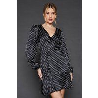Womens Spot Satin Wrap Mini Dress