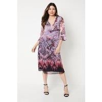 Wallis Womens Midi Dress Berry V-Neck 3/4 Sleeve Chiffon Animal Print