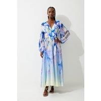 Petite Ombre Floral Silk Cotton Plunge Maxi Dress