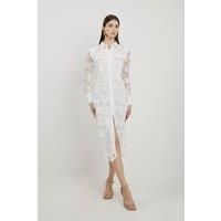 Lace And Embroidered Sharp Shoulder Woven Midi Shirt Dress
