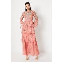 Coast Womens Maxi Dress Coral Sequin Embellished Tiered Skirt Mesh Sleeves