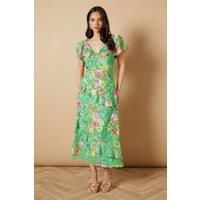 Oasis Womens Midi Dress Green Floral Satin Burnout V-Neck Cap Sleeve