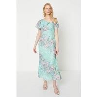 Sage Floral Asymmetric Frill Satin Burnout Maxi Dress