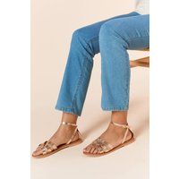 Dorothy Perkins Womens Sandals Gold Leather Woven Straps Wide Fit Flat Heel