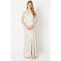 Debut London Womens Prom Dress Long Sleeve Satin Champagne Elegant Wedding Gown