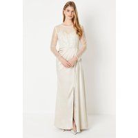 Debut London Womens Prom Dress Long Sleeve Satin Champagne Elegant Wedding Gown