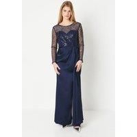 Debut London Womens Prom Dress Long Sleeve Satin Navy Elegant Wedding Gown