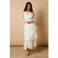 Oasis Womens Midi Dress Ivory Rose Floral Organza Cold Shoulder Formal