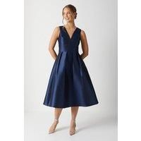Coast Womens Fit Flare Dress Navy Sleeveless Midi Plunge Neck Twill