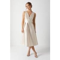 Coast Womens Fit Flare Dress Champagne Sleeveless Midi Plunge Neck Twill