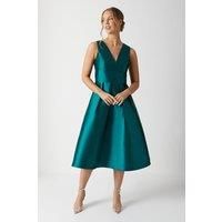 Coast Womens Fit Flare Dress Emerald Sleeveless Midi Plunge Neck Twill
