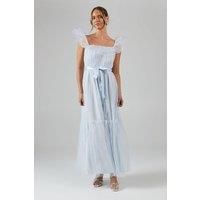 Debut London Womens Bridesmaids Dress Blue Bardot Neckline Ruffled Cap Sleeves