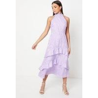 Petite Lilac Satin Jacquard Halterneck Midi Dress