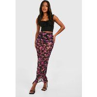 Womens Ruched Mesh Floral Printed Maxi Skirt