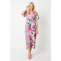 Debut London Womens Midi Dress Multi Satin Floral Puff Sleeves Elegant Formal
