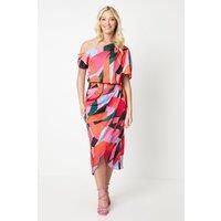 Debut London Womens Midi Dress Multi Abstract Print Cold Shoulder Tie Waist