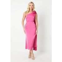 Debut London Womens Midi Dress One Shoulder Cape Detail Pink Satin
