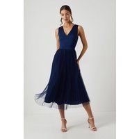 Coast Women's Satin Bodice Tulle Skirt Midi Bridesmaid Dress in Navy | Size: 8