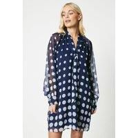 Wallis Womens Shift Dress Navy Tie Neck Polka Dot Long Sleeve Midi
