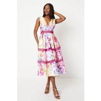 Printed Plunge Neck Twill Midi Dress With Lace Trims