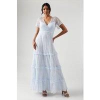 Oasis Womens Maxi Dress Blue Delicate Lace Short Sleeve Elegant