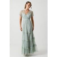 Oasis Womens Maxi Dress Sage Delicate Lace Short Sleeve Elegant