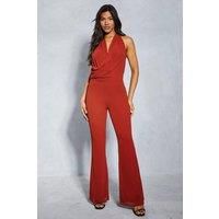 Misspap Womens Jumpsuit Rust Chiffon Low Back Flared Leg Spring Summer
