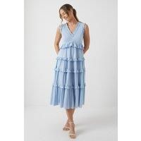Coast Womens Maxi Dress Blue Mesh Ruffle V-Neck Sleeveless Sophisticated