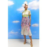 Coast Womens Midi Dress Ivory Sheer Lace Sleeves Abstract Print Pleated Skirt