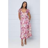 Petite Paisley Metallic Ruffle Shoulder Midi Dress