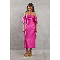 Structured Puff Sleeve Bardot Midi Dress