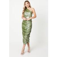 Debut London Womens Dress Metallic Olive One Shoulder Ruched Midi Cocktail