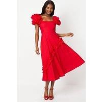 Coast Womens Midi Dress Red Frill Sleeve Ruffle Skirt Cotton Polyester