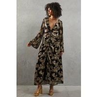 Warehouse Womens Maxi Dress Black Floral V-Neck Long Bell Sleeves
