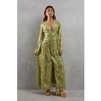 Warehouse Womens Maxi Dress Lime Floral V-Neck Long Bell Sleeves