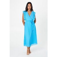 Womens Petite Sleeveless Pleated Midi Dress