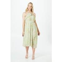 Pleated Halterneck Double Layer Midi Dress