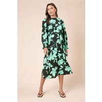 Womens Green Floral Empire Midi Dress