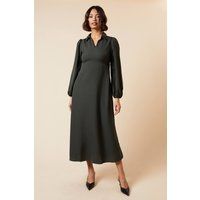 Dorothy Perkins Womens Midi Dress Khaki Collared Balloon Sleeves Cinched Waist