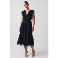 Coast Womens Bridesmaid Dress Navy Mesh Midi Short Sleeve Elegant Wedding