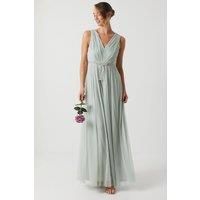 Bow V Neck Mesh Bridesmaid Maxi Dress