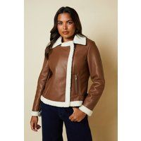 Womens Brown Faux Leather Short Aviator Jacket