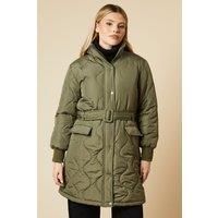 Self Covered Button Quilted Padded Puffer Midi Coat