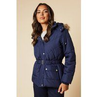 Dorothy Perkins Womens Coat Navy Faux Fur Hood Quilted Padded Belted Jacket
