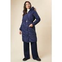 Dorothy Perkins Womens Jacket Navy Midi Length Padded Belted Faux Fur Hood