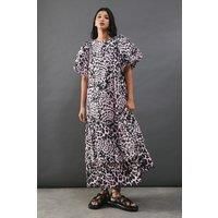 Poplin Leopard Print Volume Sleeve Scallop Detail Smock Dress