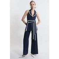 Compact Stretch Contrast Tipped Belted Wide Leg Tailored Jumpsuit