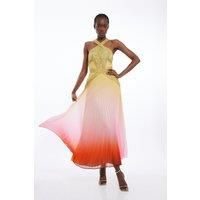 Geo Embellished Ombre Pleated Woven Maxi Dress