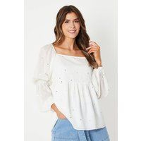 Womens Mirror Detail Ivory Square Neck Top
